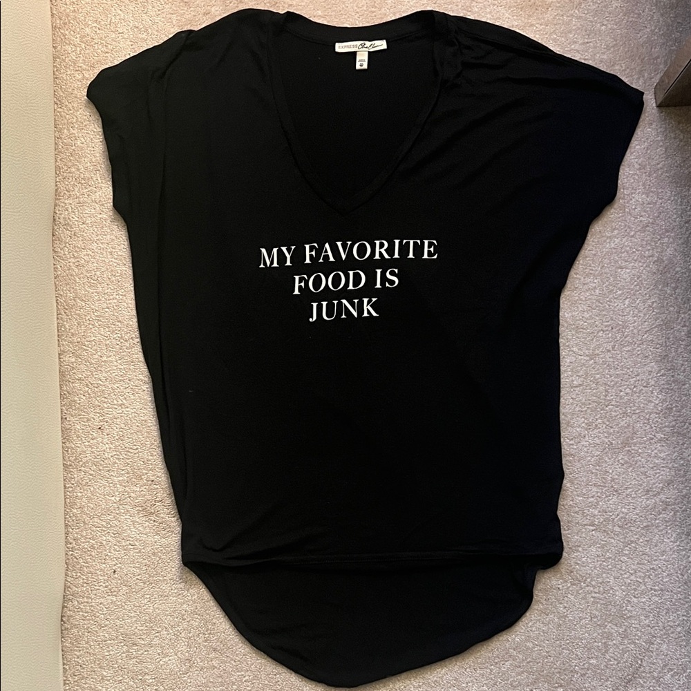 Express Silky Soft Drapey Black Graphic Tee - My Favorite Food Is Junk
